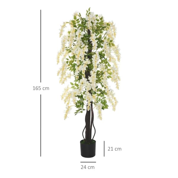 Rootz kunstig plante med hvid Wisteria dekoration - 1,65 m kunstige planter i potte - kunstig trædekoration - plastik - cement - hvid + grøn - 24 x 24