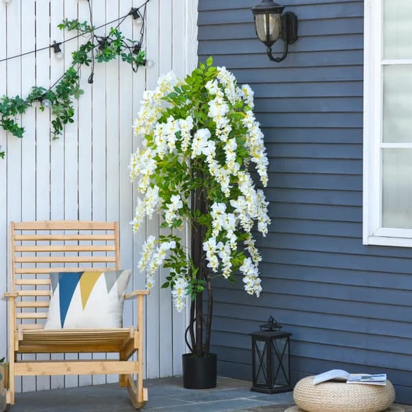 Rootz kunstig plante med hvid Wisteria dekoration - 1,65 m kunstige planter i potte - kunstig trædekoration - plastik - cement - hvid + grøn - 24 x 24