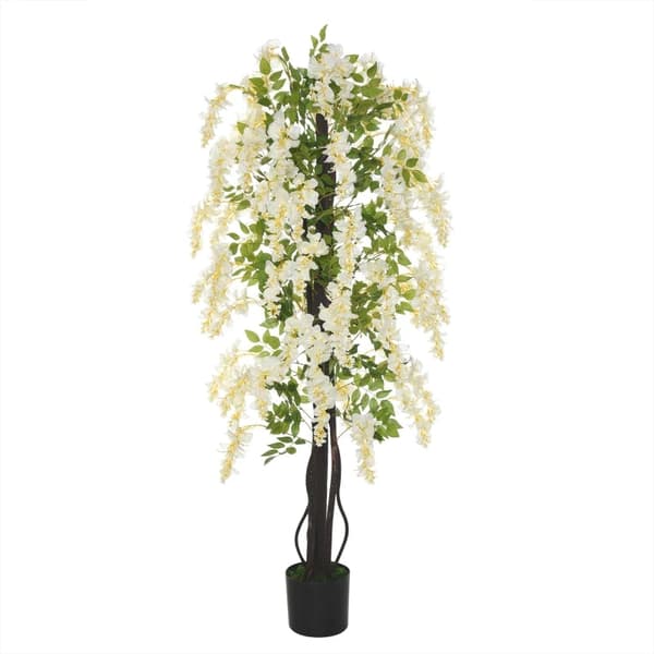 Rootz kunstig plante med hvid Wisteria dekoration - 1,65 m kunstige planter i potte - kunstig trædekoration - plastik - cement - hvid + grøn - 24 x 24