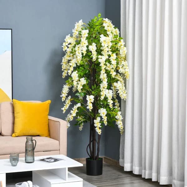 Rootz kunstig plante med hvid Wisteria dekoration - 1,65 m kunstige planter i potte - kunstig trædekoration - plastik - cement - hvid + grøn - 24 x 24