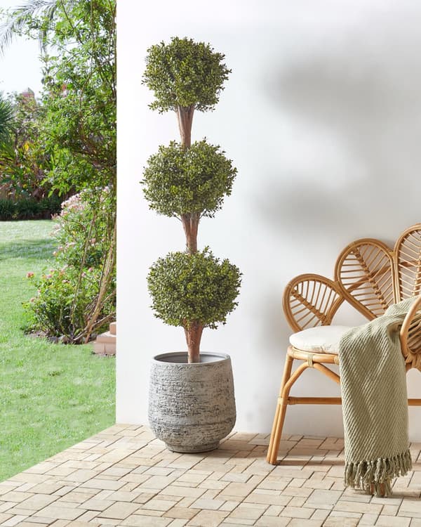 Konstgjord krukväxt Buxus bollträd grönt plastblad material massiv trästam 120 cm dekorativt inomhus utomhus trädgårdstillbehör