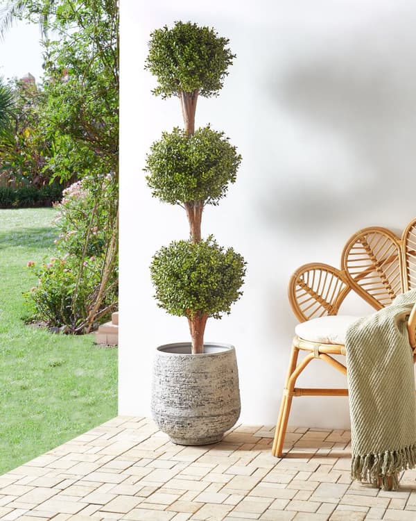 Konstgjord krukväxt Buxus bollträd grönt plastblad material massiv trästam 154 cm dekorativt inomhus utomhus trädgårdstillbehör