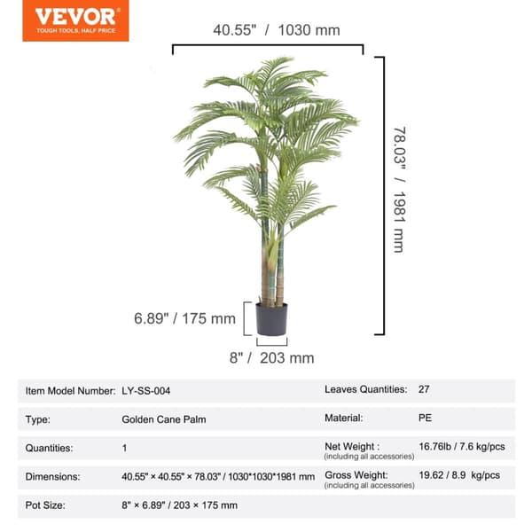 Kunstig Guld Kanel Palme Træ, Anti-Tip Design, Lav-Vedligeholdelse Indendørs Dekoration, 6,5 ft