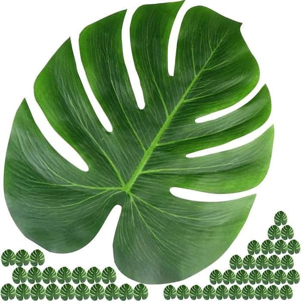 Förpackning med 50 14 x 11,5 tum stora konstgjorda tropiska palmblad, lämpliga för dekoration av Hawaiian Jungle Theme