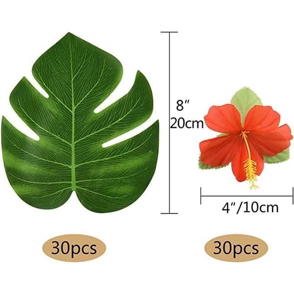 60 stycken tropiska palmer och hibiskusblommor, imiterade tropiska löv, för bordsdekoration