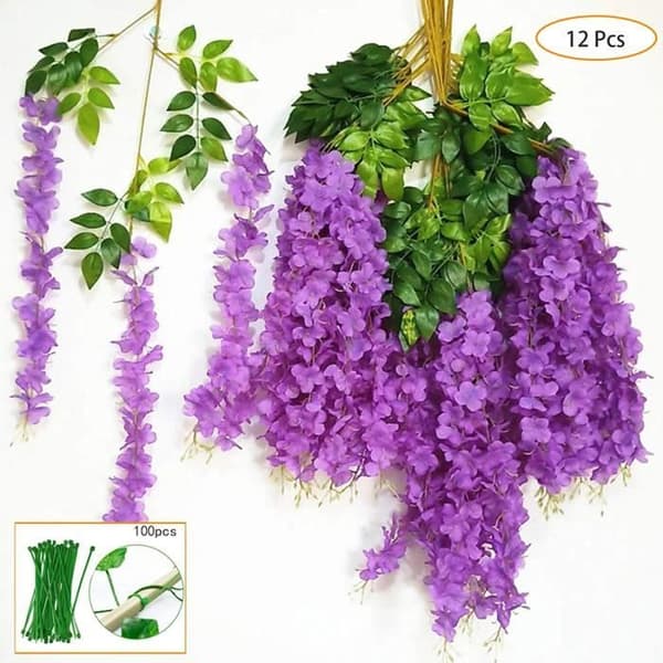 Konstgjorda löv Lila blåregn blomma 12pack falsk vinranka hängande växt girland grön falsk plast växt Trädgård Bröllop