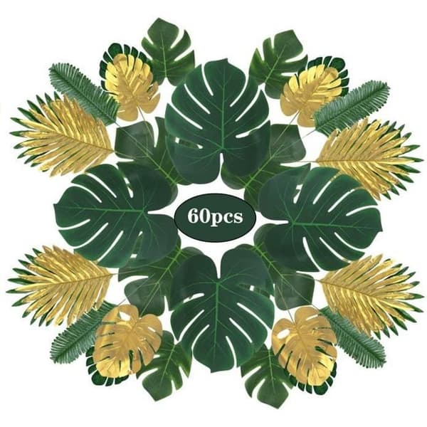 60 st Falska Tropiska Palmblad - Hawaii Luau Fest Dekorationstillbehör - 9 sorters blad