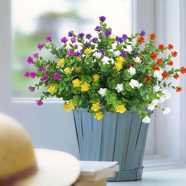 Set med 5 konstgjorda blomsterbuketter, UV-beständiga grönska växter för balkong, trädgård, kontor, bröllop, festdekoration