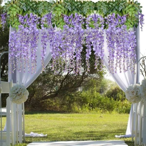 Paket med 12 Konstgjorda Blommor Wisteria Vinstock Satin Hängande - BIGILANTUH - Festdekoration - Lila - 110cm