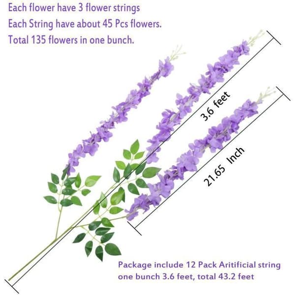 Paket med 12 Konstgjorda Blommor Wisteria Vinstock Satin Hängande - BIGILANTUH - Festdekoration - Lila - 110cm