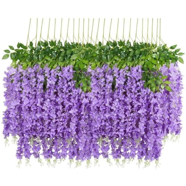 Paket med 12 Konstgjorda Blommor Wisteria Vinstock Satin Hängande - BIGILANTUH - Festdekoration - Lila - 110cm