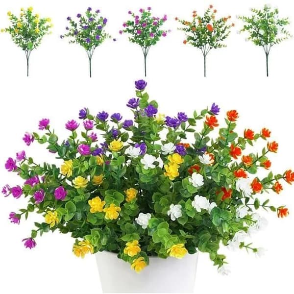 Set med 5 konstgjorda blomsterbuketter, UV-beständiga grönska växter för balkong, trädgård, kontor, bröllop, festdekoration