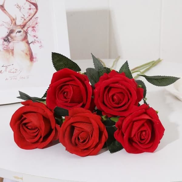 5 flanellrosor Simulering Blomma Falsk Blomsterdekoration Blomma Bröllopsbukett Vardagsrum Matsal Bar - Stor Röd