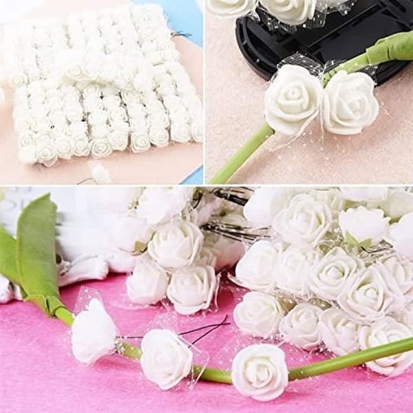 144 st vit 2,5 cm bandtråd PE falskt skum ros blomhuvud bröllop godislåda DIY material blomtillbehör