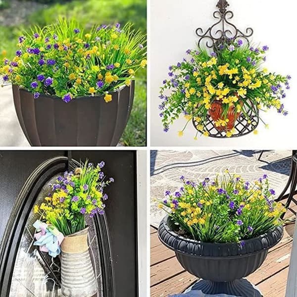 9 st konstgjorda eukalyptusblommor falskt gräs trädgård balkong dekoration falsk bukett 3 lila 3 gula 3 gräs