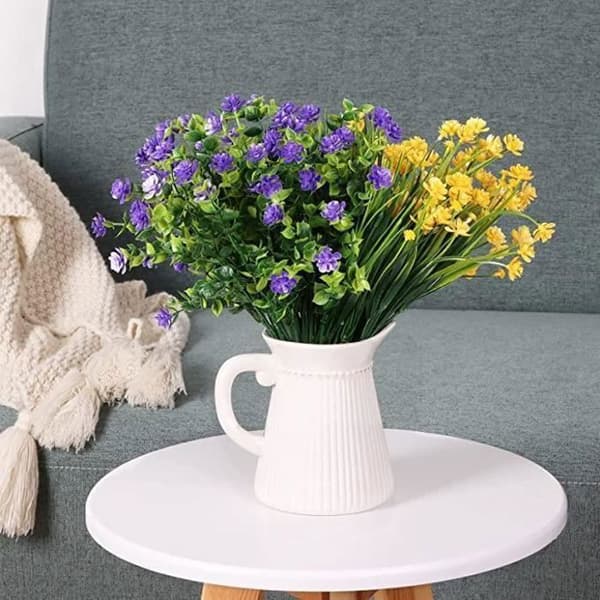 9 st konstgjorda eukalyptusblommor falskt gräs trädgård balkong dekoration falsk bukett 3 lila 3 gula 3 gräs