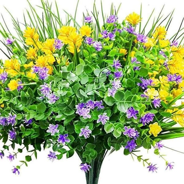 9 st konstgjorda eukalyptusblommor falskt gräs trädgård balkong dekoration falsk bukett 3 lila 3 gula 3 gräs