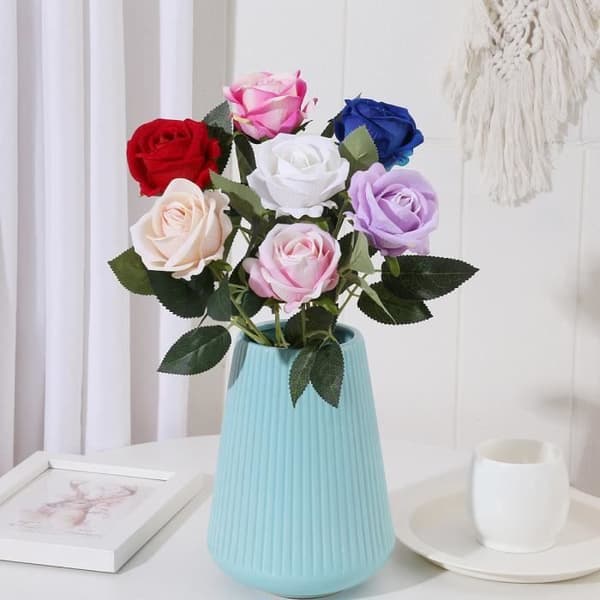 5 flanellrosor Simulering Blomma Falsk Blomsterdekoration Blomma Bröllopsbukett Vardagsrum Matsal Bar - Safirblå