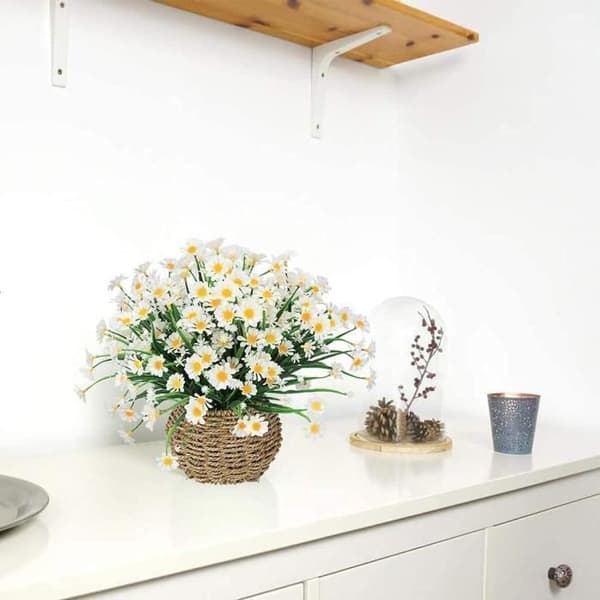 Konstgjord tusensköna blomma, 7 st konstgjord plastblomma, utomhus kraftiga grönska buskar växter (vita)