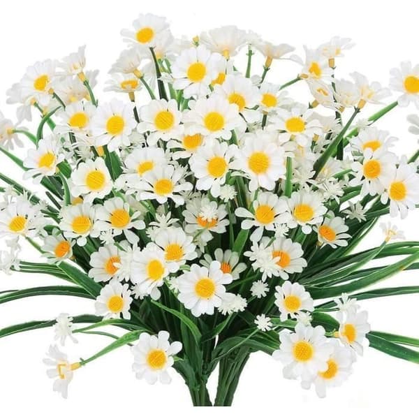 Konstgjord tusensköna blomma, 7 st konstgjord plastblomma, utomhus kraftiga grönska buskar växter (vita)