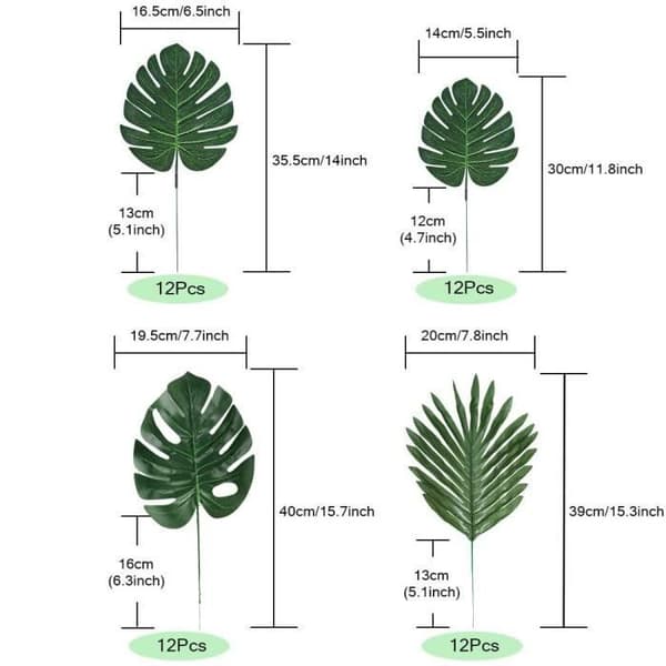 Set med 48 tropiska löv av 4 sorter - för Hawaiian Party, Luau, bordsdekoration