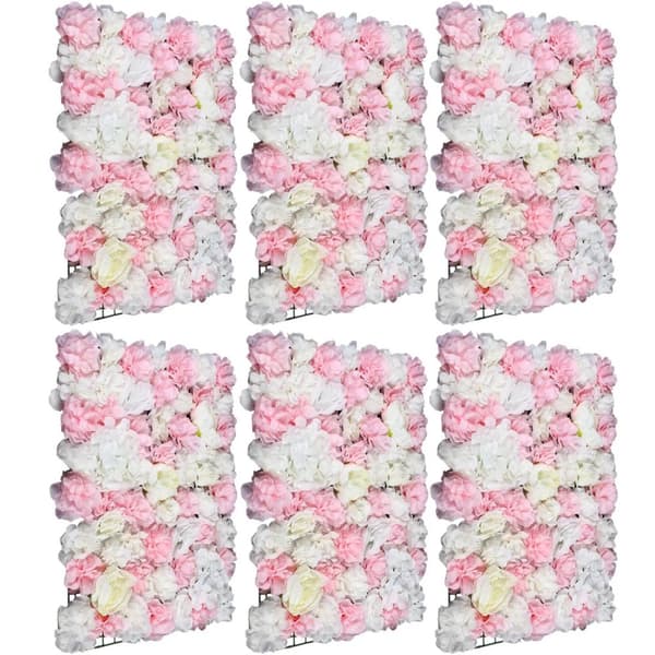 Kunstige Blomstervægspaneler, Sæt af 6, 60x40cm, Silke og Plastik, Livagtig Pæon Rose Dahlia Hortensia,Lyserød