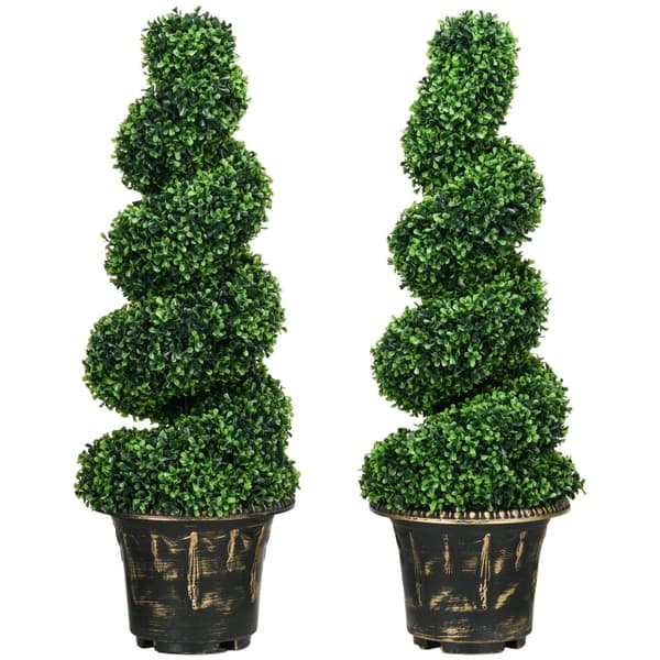 Rootz Spiral imiterede buksbomplanter - Kunstige topiaries - Realistisk farve og tekstur - Stabile cementpotter - Sæt med 2 - Grøn - 90 cm x 30 cm x 2