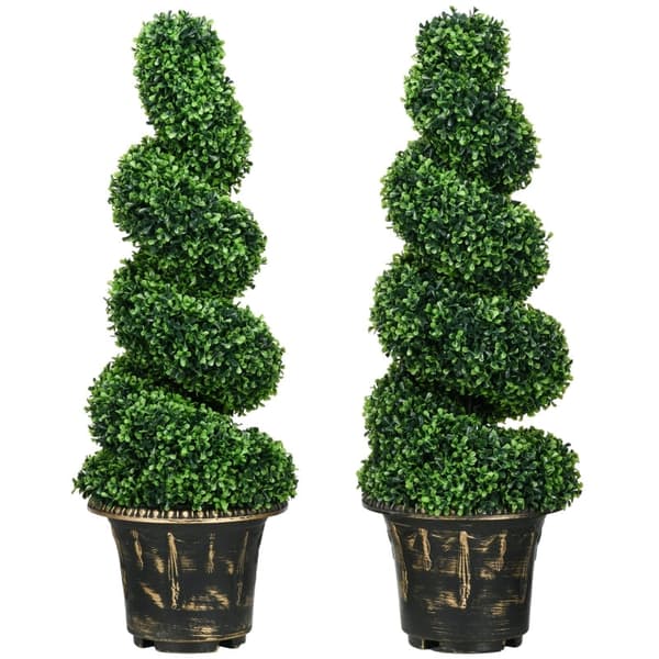 Rootz Spiral imiterede buksbomplanter - Kunstige topiaries - Realistisk farve og tekstur - Stabile cementpotter - Sæt med 2 - Grøn - 90 cm x 30 cm x 2
