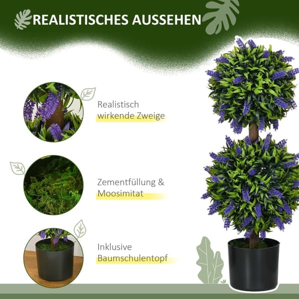 Rootz Sæt med 2 kunstige lavendeltræer - Indendørs udendørs indretning - Plastikblomster - Cementpotter - Ingen vedligeholdelse - Ø15cm x 70cm