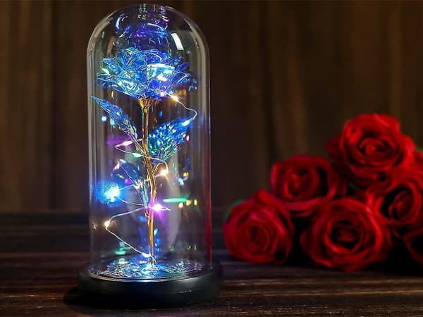 Evig ros i glas present led lysande blått glas för kvinnodagen
