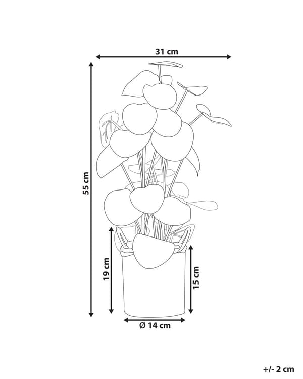 Kunstig potteplante i grønt og sort syntetisk materiale 55 cm Pilea Pancake Plant Dekorativt indendørs tilbehør