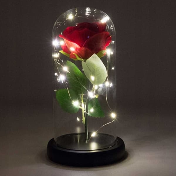 Eternity Rose med belysning | Rød rose i glasskopp og gaveeske