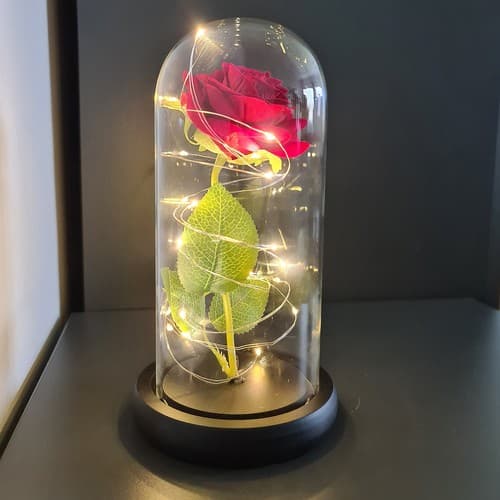 Eternal Rose - Rød rose i glasskopp med belysning og gaveeske