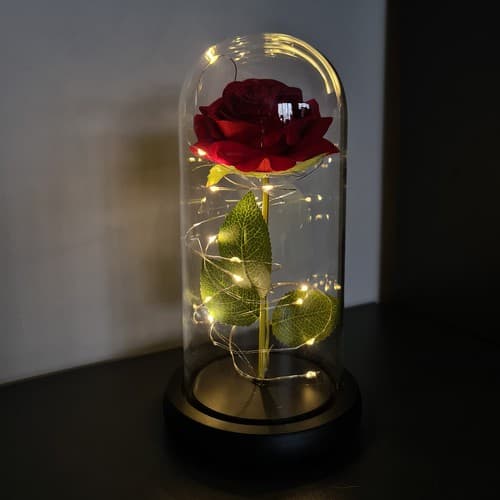 Eternal Rose - Rød rose i glasskopp med belysning og gaveeske