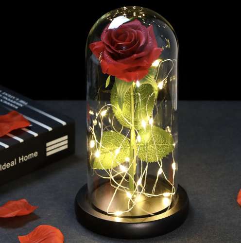 Eternal Rose - Rød rose i glasskopp med belysning og gaveeske