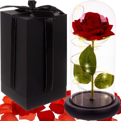 Eternal Rose - Rød rose i glasskopp med belysning og gaveeske