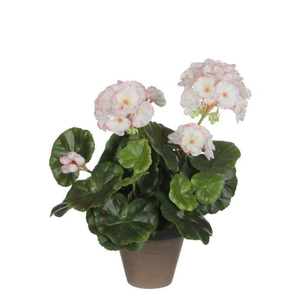 Konstgjord pelargonplanta i cementkruka - H34 x Ø20 cm - Vit, rosa - Glimmerdekorationer