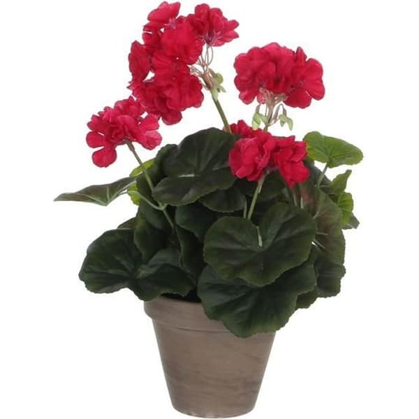 Konstgjord pelargonplanta i cementkruka - H34 x Ø20 cm - Mörkrosa - Glimmerdekorationer