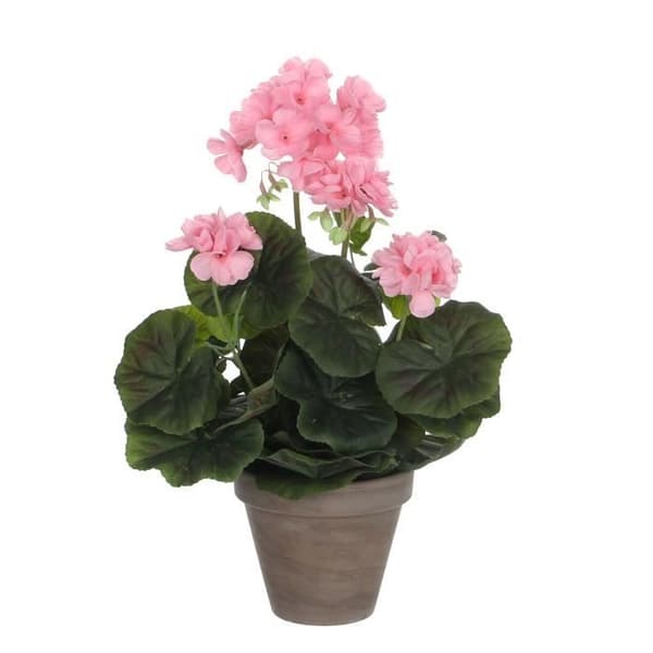 Konstgjord pelargonplanta i cementkruka - H34 x Ø20 cm - Rosa - Glimmerdekorationer
