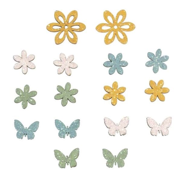 Träminiatyrer Blomma + fjäril, 2,3-4cm, med självhäftande prick, flikpåse 16st, Färgad