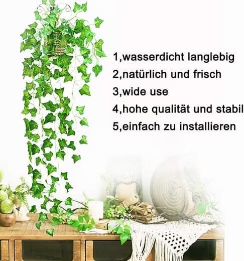 Murgröna Girlang 220 cm, Blekfri-Hängande Efeu med Blad för Trädgård, Bröllop, Fest och Väggdekoration