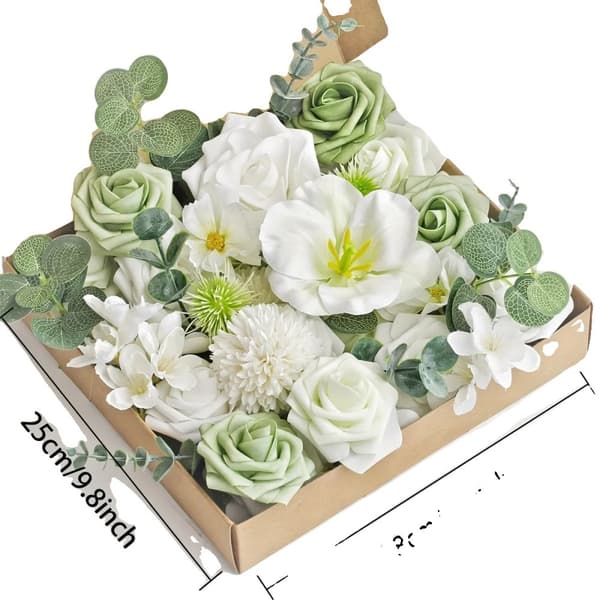 Grøn og Hvid Kunstig Blomsterkasse, 28 cm x 25 cm, Perfekt til Bryllupper og Hjemmedekoration,1stk