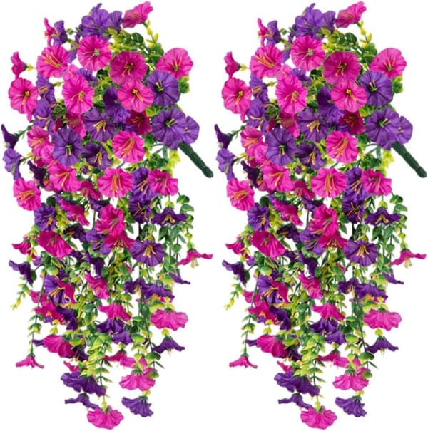2 kpl UV-kestävä riippuva keinotekoinen Morning Glory viiniköynnös 75 cm - Todenmukaiset kukat puutarhan ja kodin sisustukseen