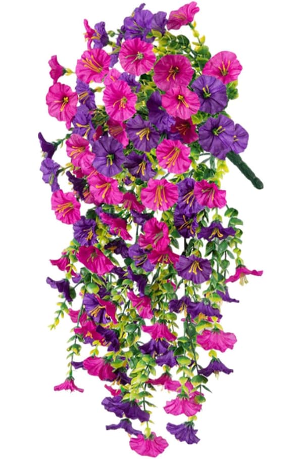 2 kpl UV-kestävä riippuva keinotekoinen Morning Glory viiniköynnös 75 cm - Todenmukaiset kukat puutarhan ja kodin sisustukseen