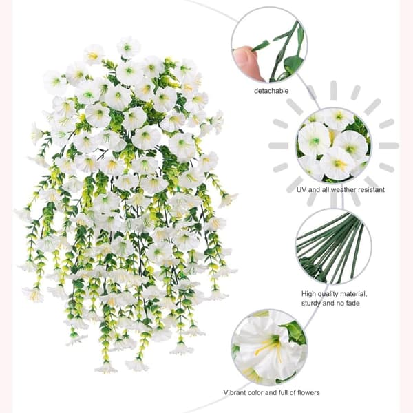 2 kpl UV-kestävä riippuva keinotekoinen Morning Glory viiniköynnös 75 cm - Todenmukaiset kukat puutarhan ja kodin sisustukseen