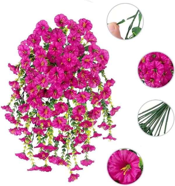 2 kpl UV-kestävä riippuva keinotekoinen Morning Glory viiniköynnös 75 cm - Todenmukaiset kukat puutarhan ja kodin sisustukseen