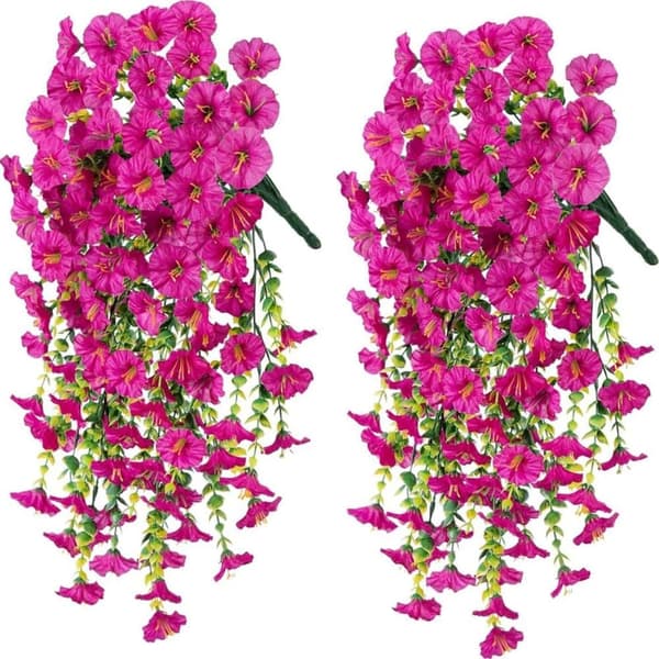 2-pak UV-resistent hængende kunstige morning glory vinstokke 75 cm - naturtro blomster til have- og boligindretning Rød