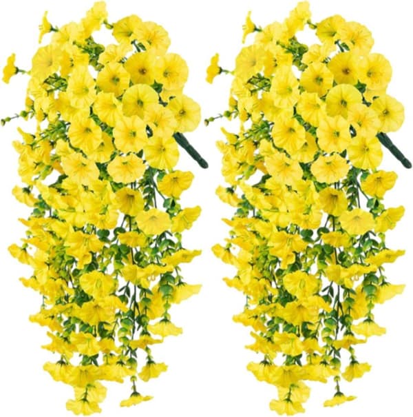 2 kpl UV-kestävä riippuva keinotekoinen Morning Glory viiniköynnös 75 cm - Todenmukaiset kukat puutarhan ja kodin sisustukseen