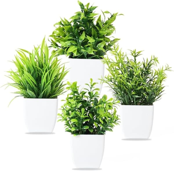 4-pak kunstige planter med potte, 17x12 cm, til stue og kontor