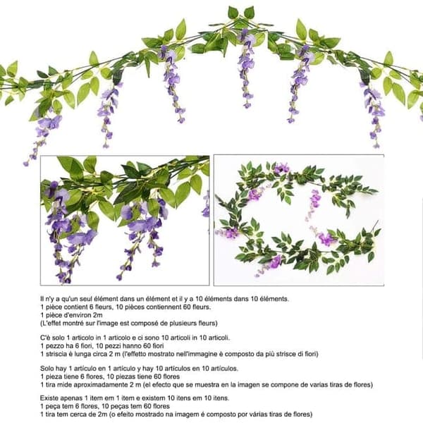 Lollanda 10-pak realistiske kunstige blåregnsranker – UV-bestandige hængende blåregnblomster til bryllupper, fester og havedekoration